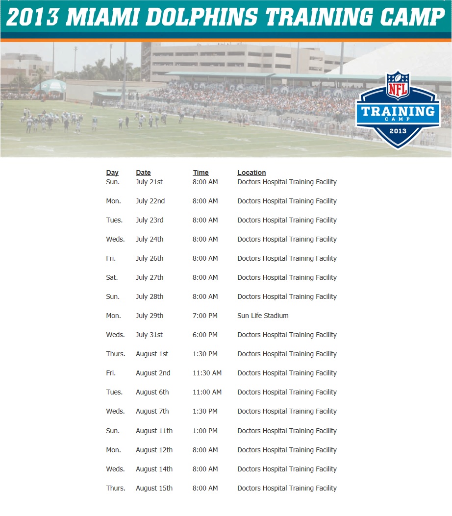 Dolphins Training Camp Schedule 2013